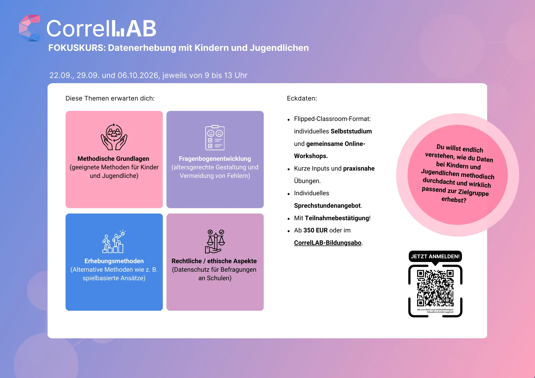 Flyer CorrelLAB Fokuskurs: Datenerhebung mit Kindern und Jugendlichen